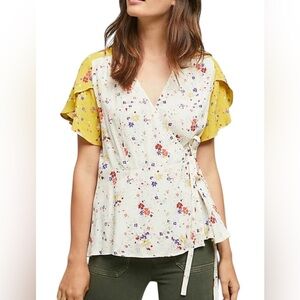 Anthropologie Bon Voyage Floral Wrap Blouse with Yellow Sleeves 8